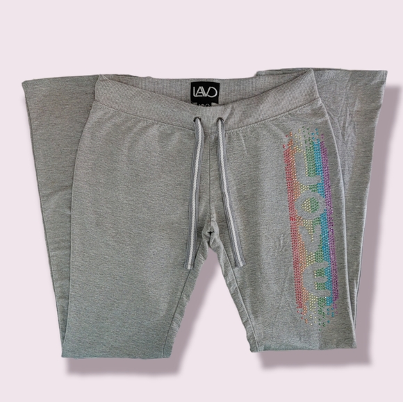 LAVC Womens Grey Drawstring Yoga Pants with Rainbow LOVE Design Size Large - Picture 3 of 14